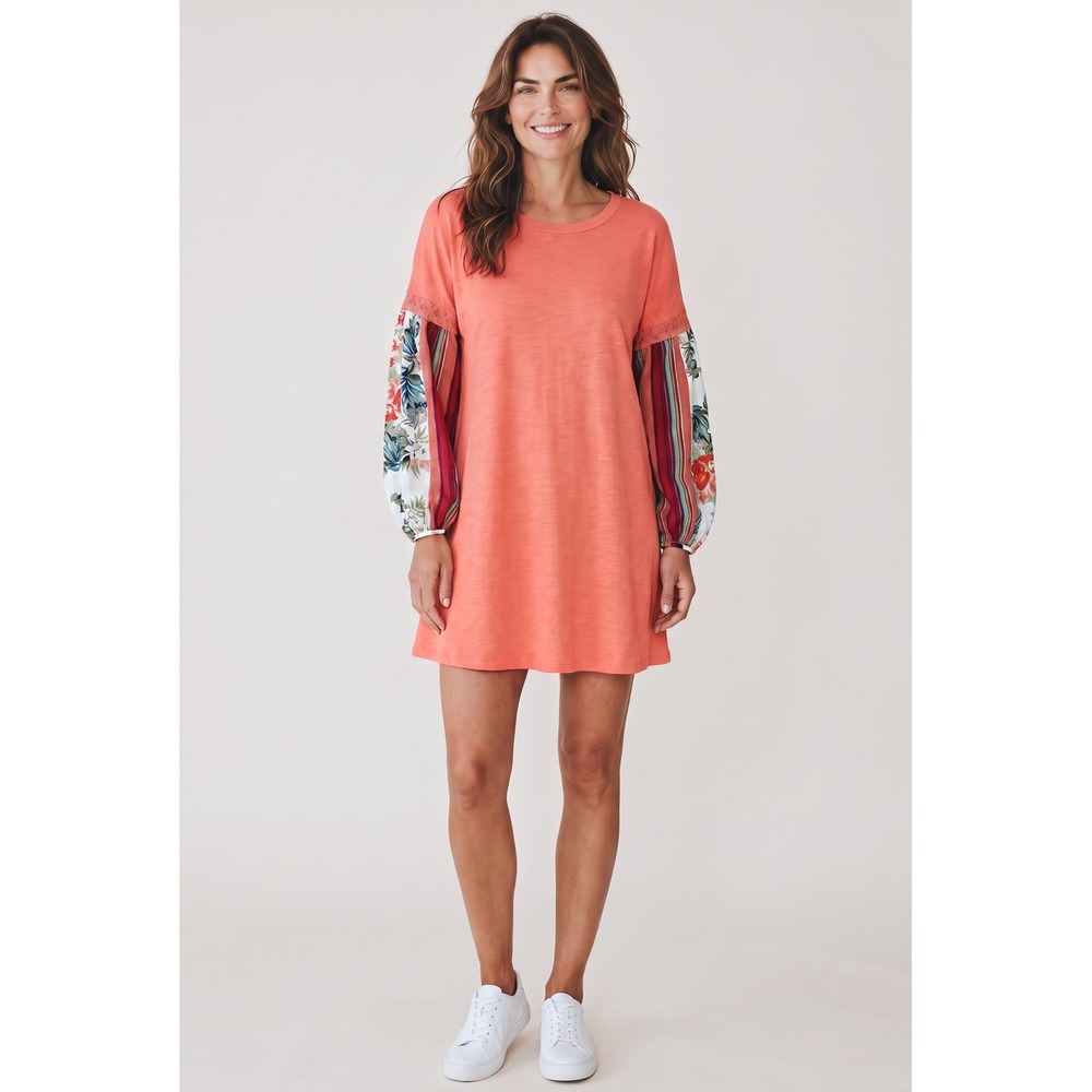 Umgee USA Coral Slub Knit Tunic Dress Floral Stripe Balloon Sleeve Small